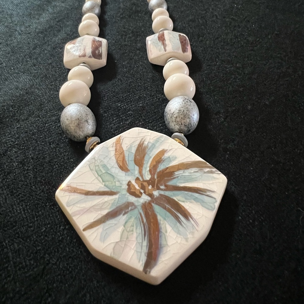 Vintage Handmade White Beaded Ceramic Necklace w/ Crackle Glazed Pendant 32”